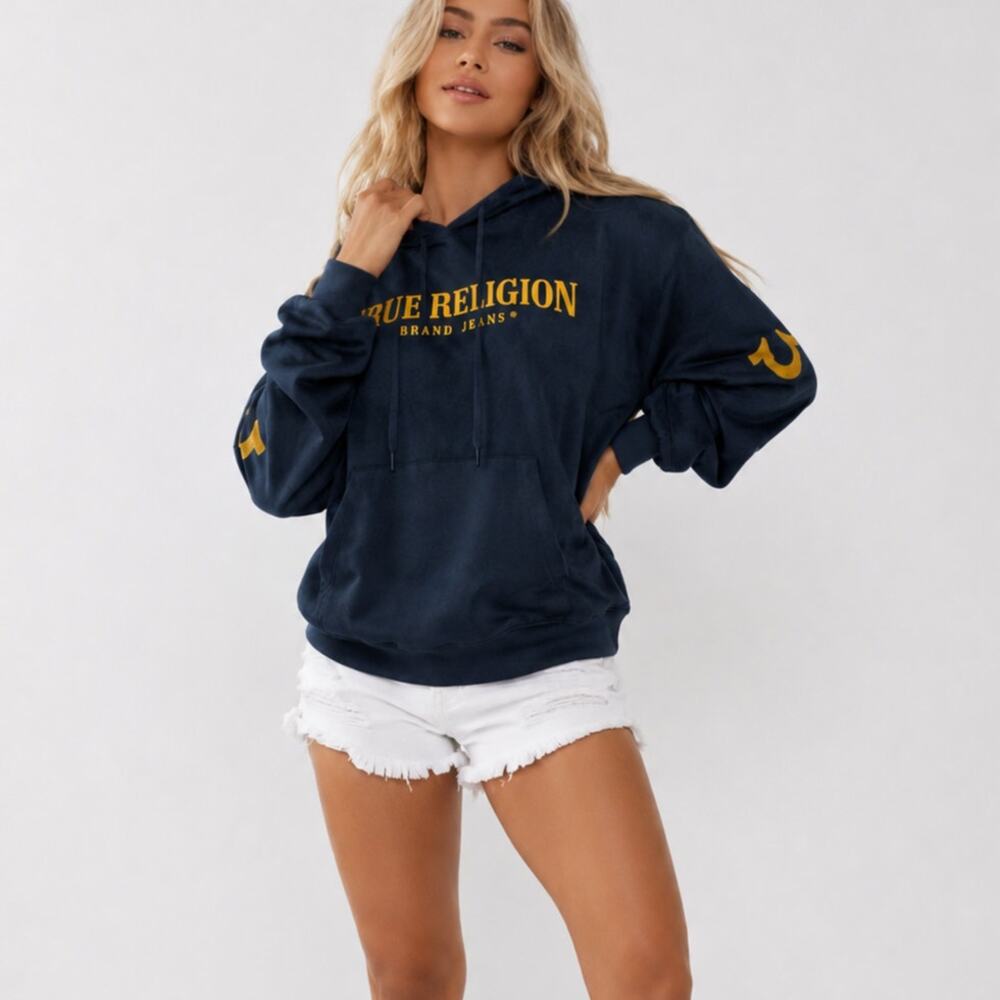 True Religion Hoodie Large Navy Gold Logo Pullover Sweatshirt Streetwear Unisex